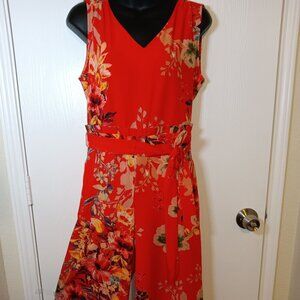 Beige by Eci Small Red Tropical Flower Print Jumpsuit